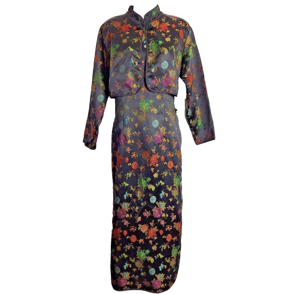 Vintage Chinese Brocade Cheongsam Qipao 2 Pc Dress & Jacket Black Floral No Tag